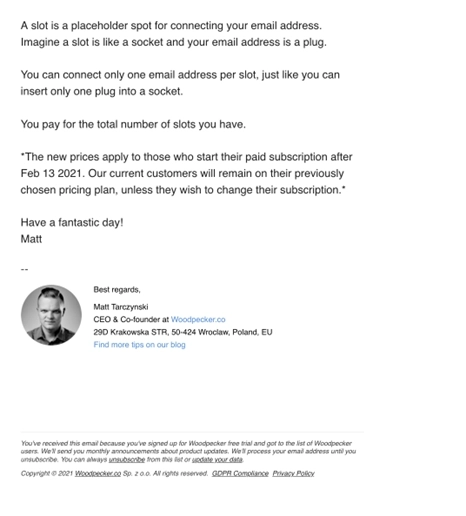 SaaS Pricing Update Emails: Screenshot of pricing update email from Woodpecker
