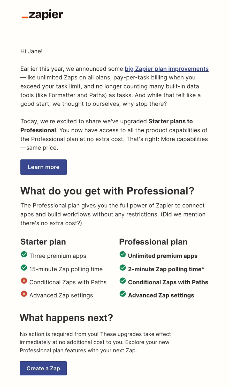 SaaS Pricing Update Emails: Screenshot of pricing update email from Zapier