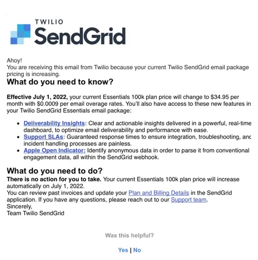 SaaS Pricing Update Emails: Screenshot of pricing update email from Twilio SendGrid