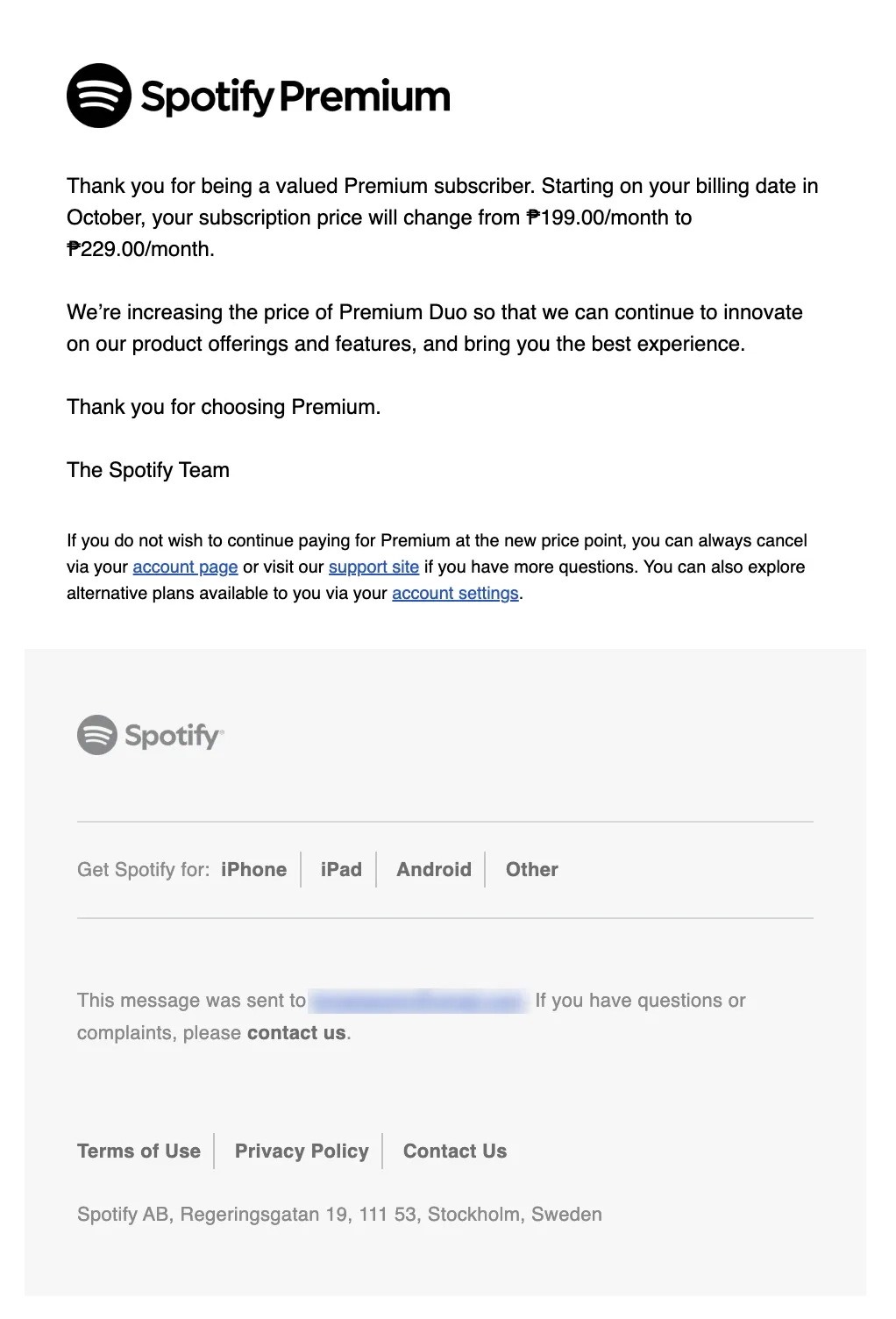 SaaS Pricing Update Emails: Screenshot of pricing update email from Spotify