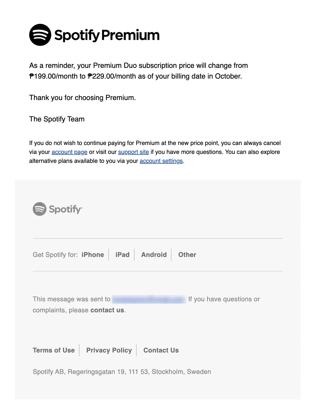 SaaS Pricing Update Emails: Screenshot of reminder email from Spotify about the price change