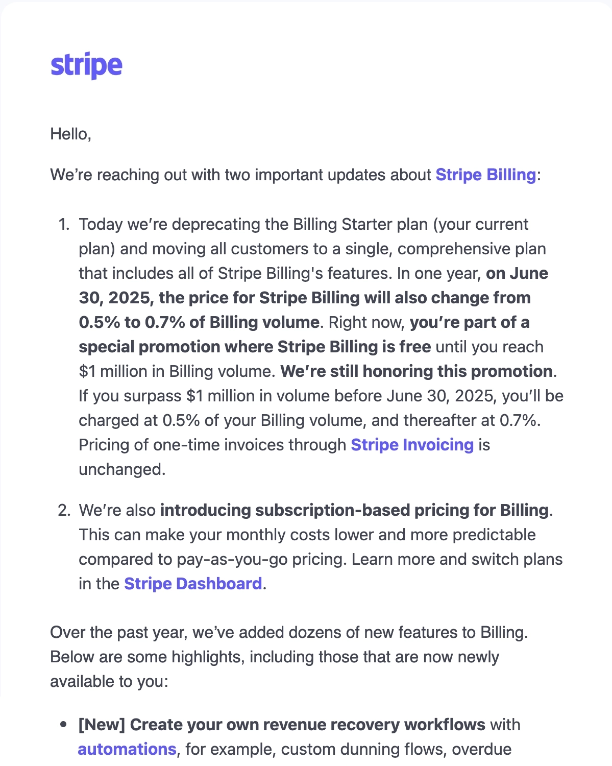 SaaS Pricing Update Emails: Screenshot of pricing update email from Stripe