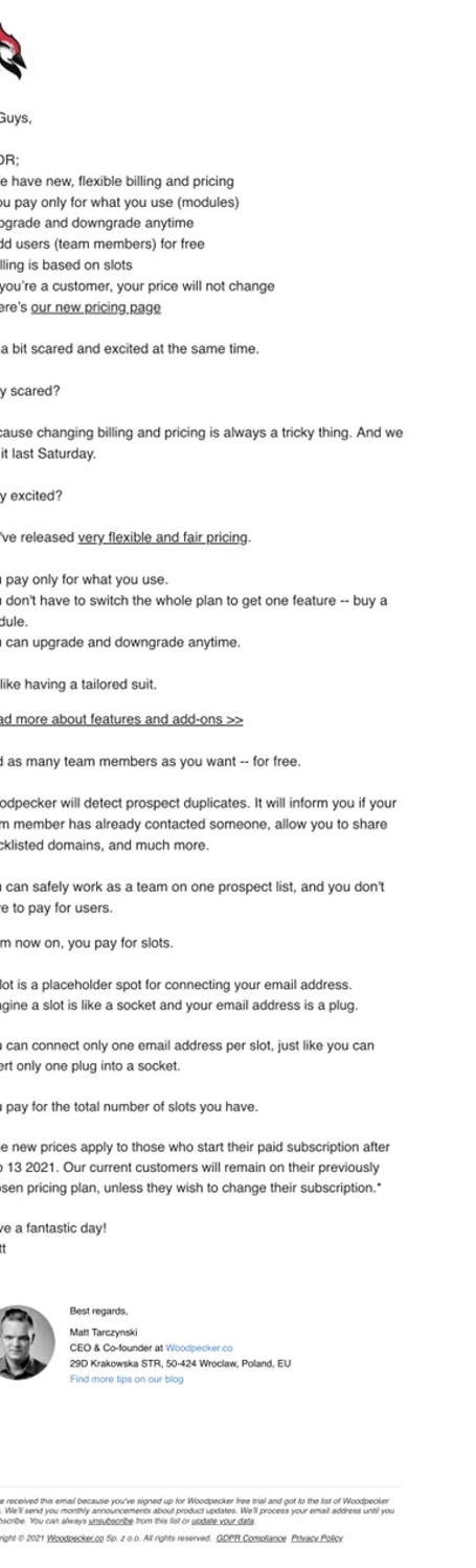 SaaS Pricing Update Emails: Screenshot of pricing update email from Woodpecker