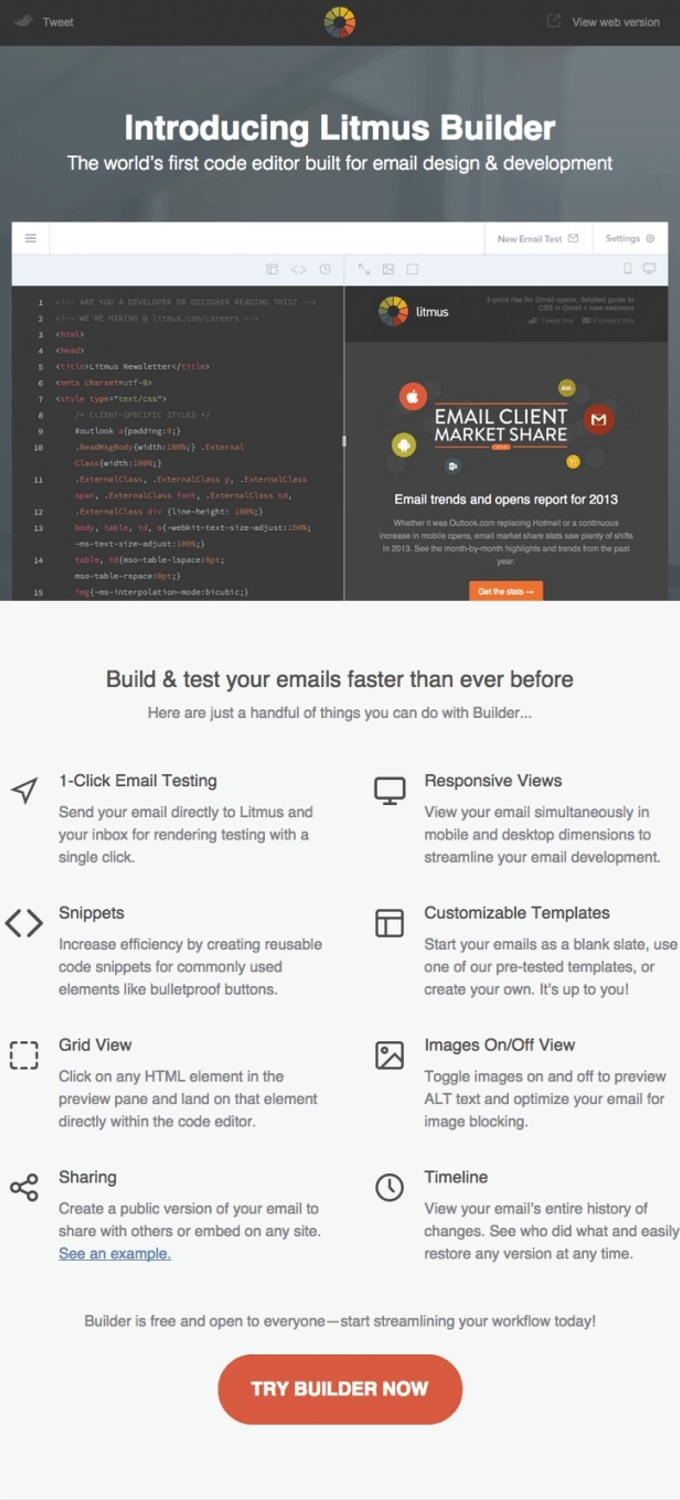 SaaS Product Launch Emails: Screenshot of Litmus Builder's launch email