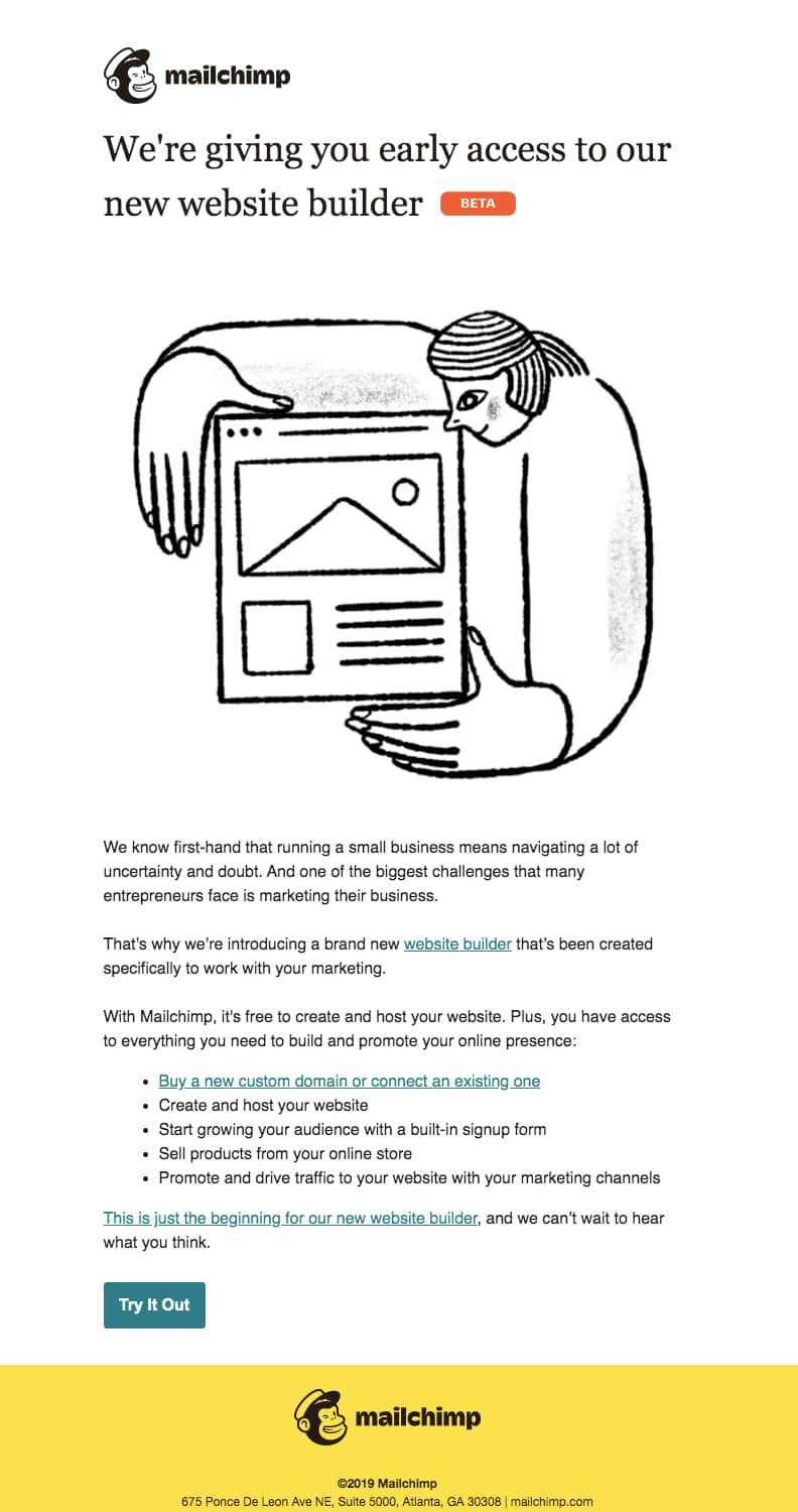 SaaS Product Launch Emails: Screenshot of Mailchimp's launch email