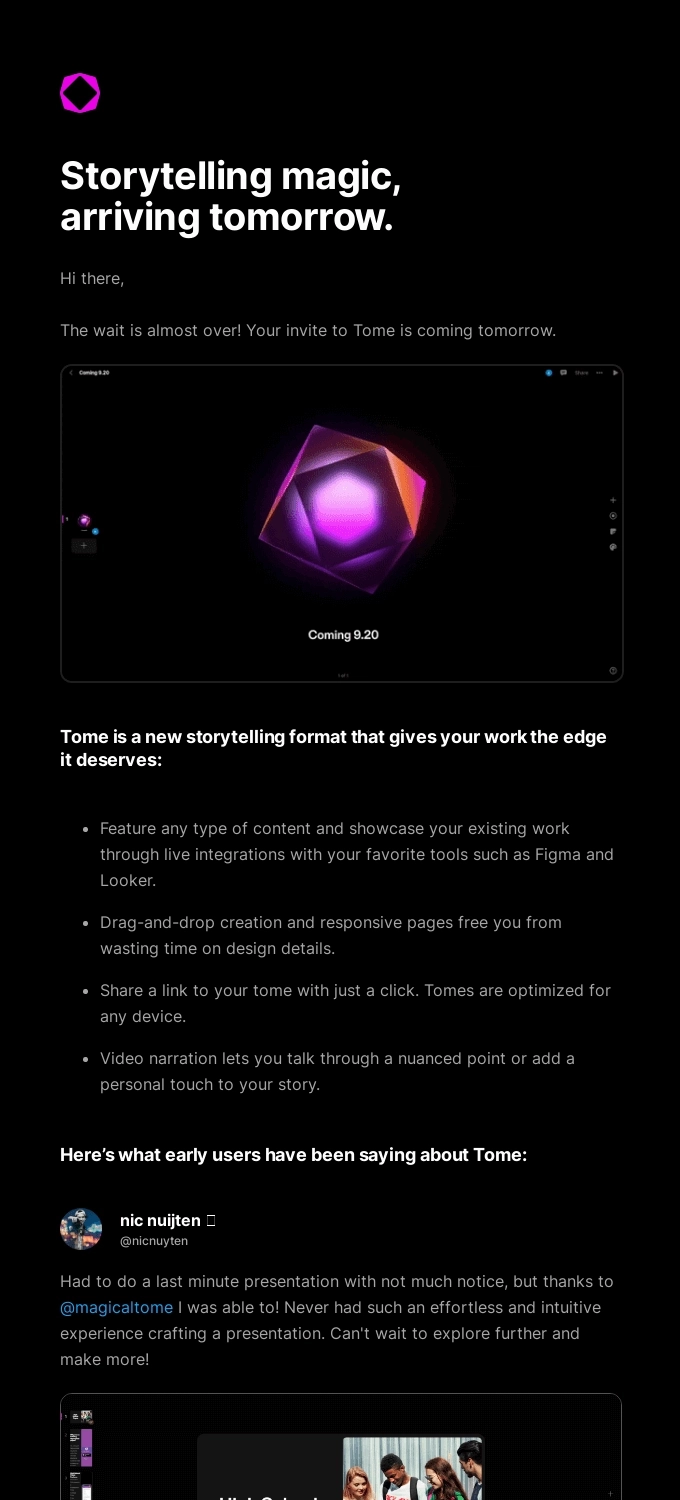 SaaS Product Launch Emails: Screenshot of Tome's launch email