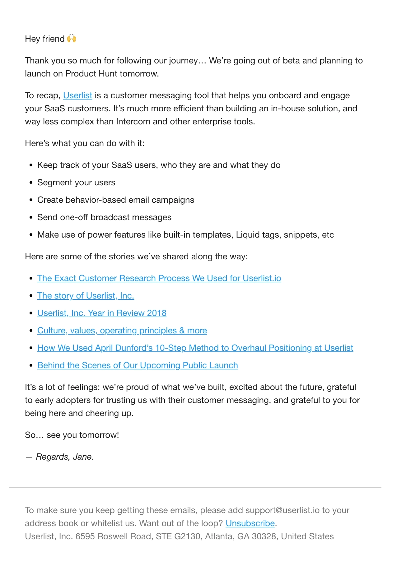 SaaS Product Launch Emails: Screenshot of Userlist's pre-launch email