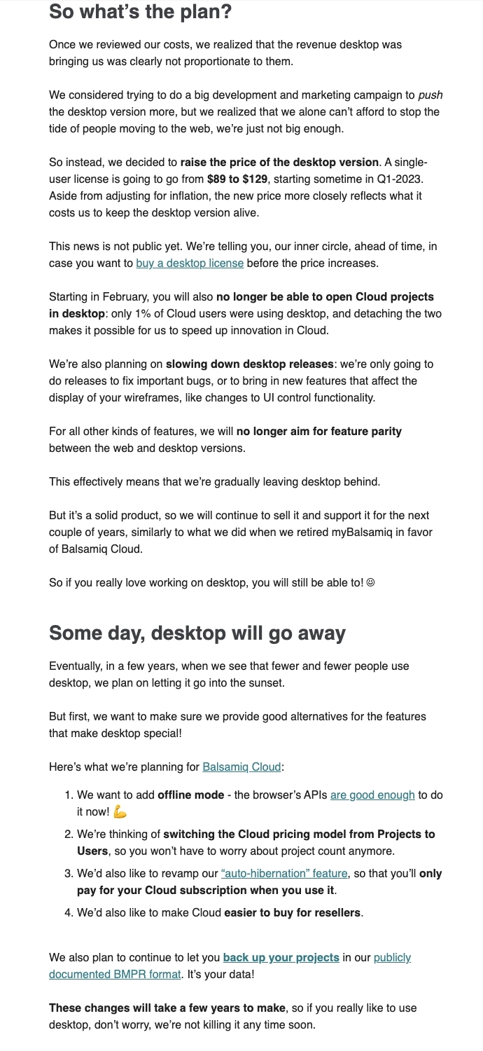 Saas Sunset Emails: Screenshot of Balsamiq's product sunset email