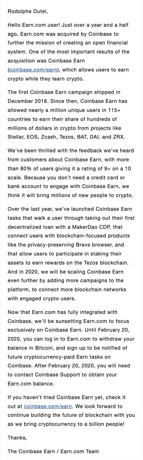 Saas Sunset Emails: Screenshot of Earn.com's product sunset email