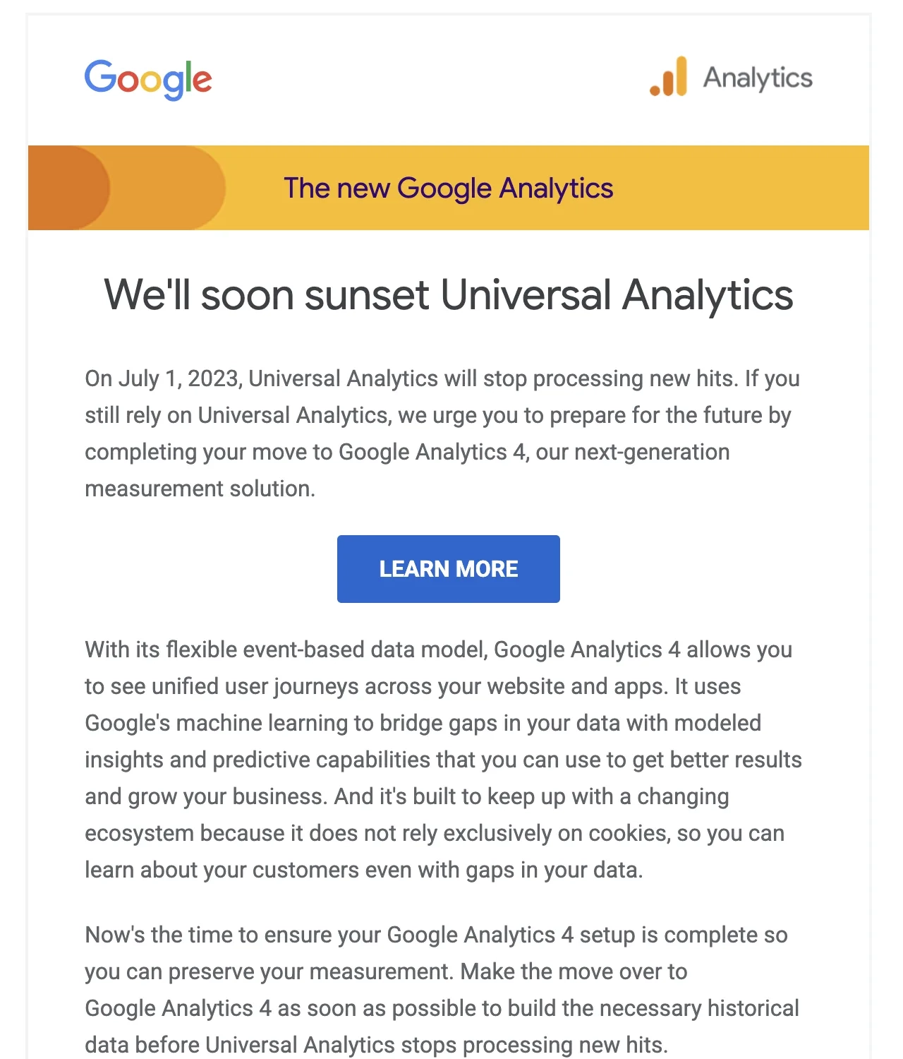Saas Sunset Emails: Screenshot of Google’s feature sunset email