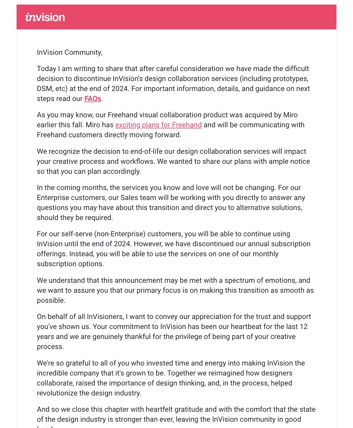 Saas Sunset Emails: Screenshot of InVision's product sunset email