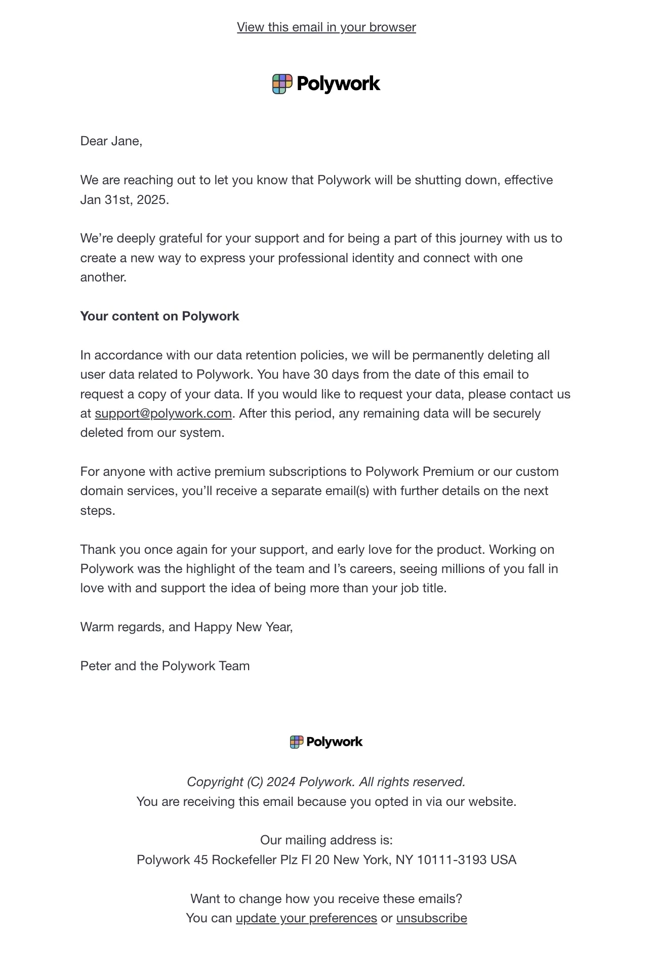 Saas Sunset Emails: Screenshot of Polywork’s product sunset email
