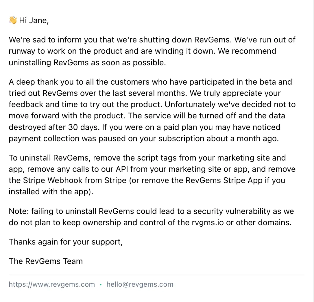 Saas Sunset Emails: Screenshot of RevGem’s product sunset email

