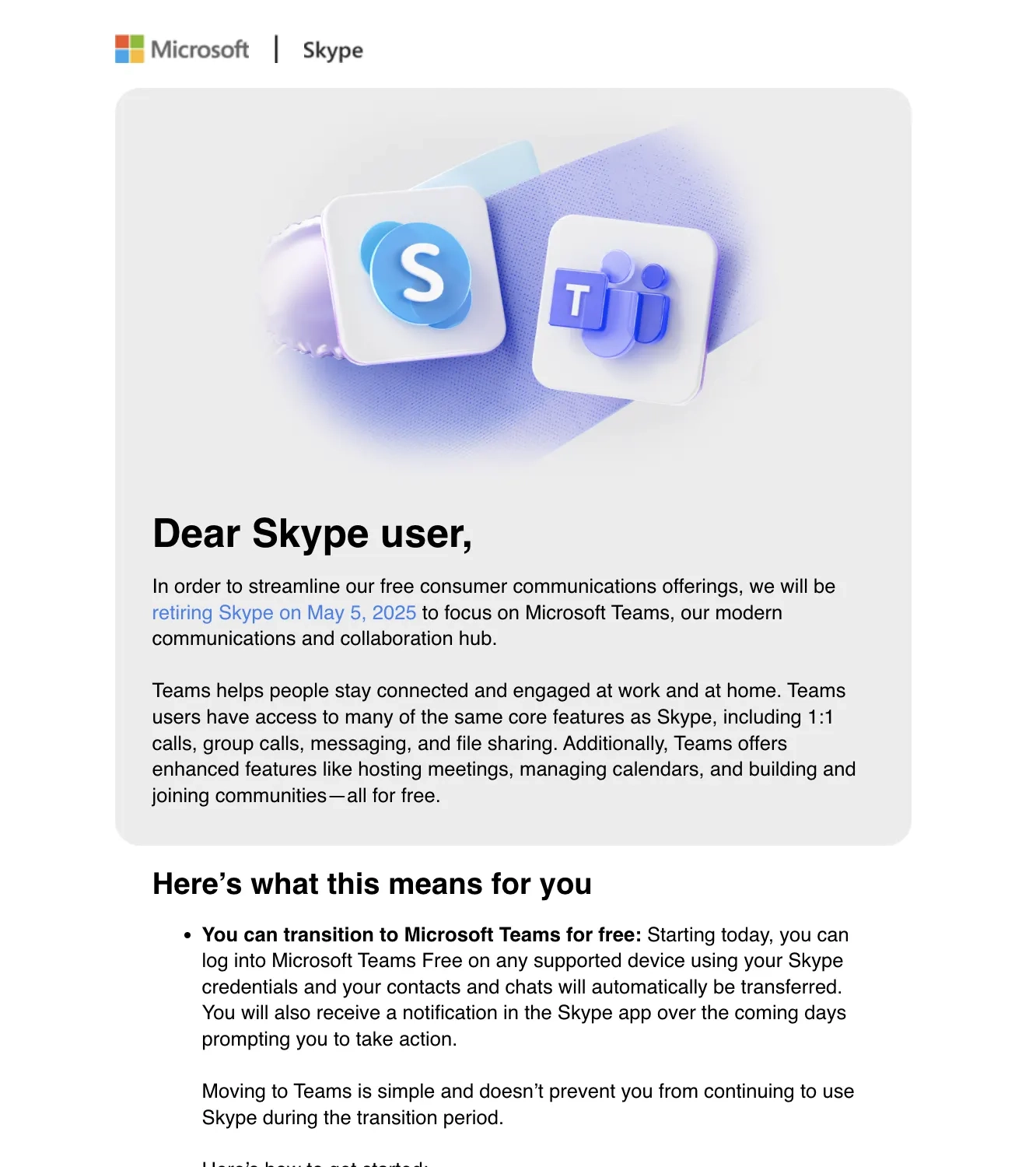 Saas Sunset Emails: Screenshot of Skype’s product sunset email