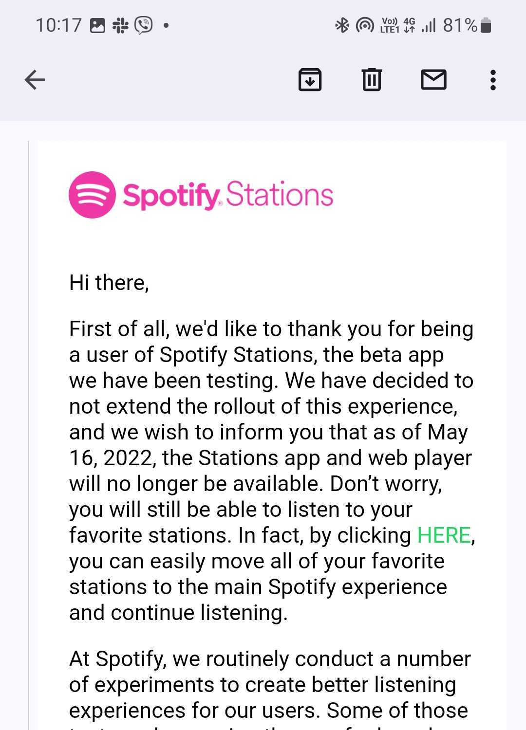 Saas Sunset Emails: Screenshot of Spotify Station's product sunset email