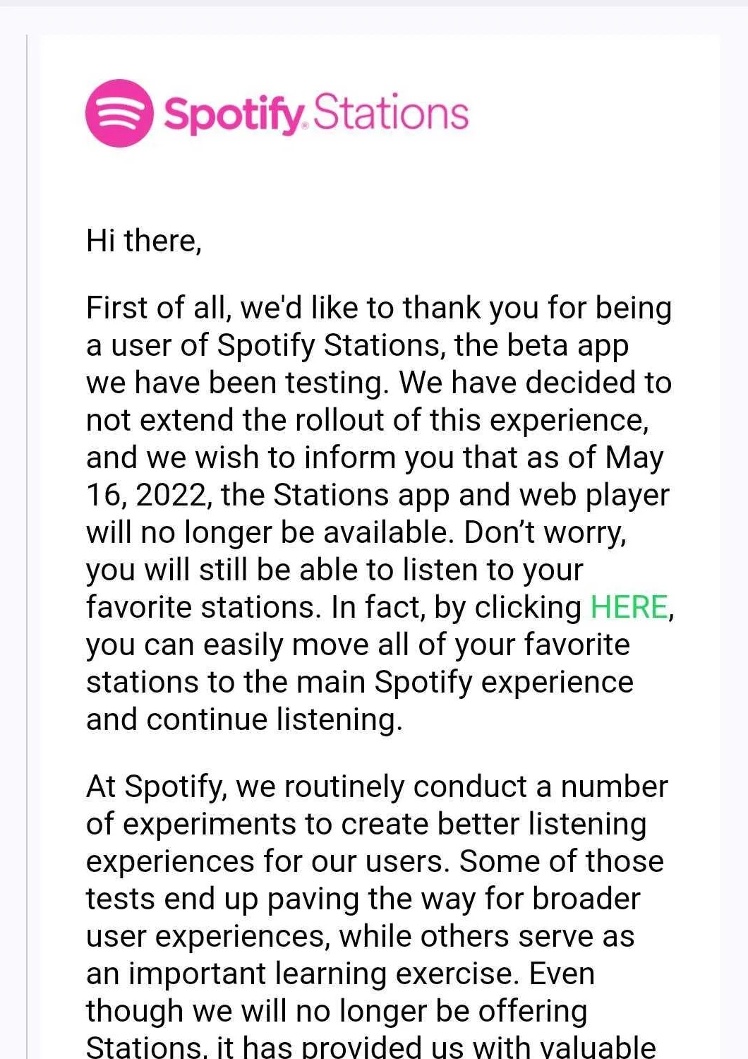 Saas Sunset Emails: Screenshot of Spotify Station’s product sunset email