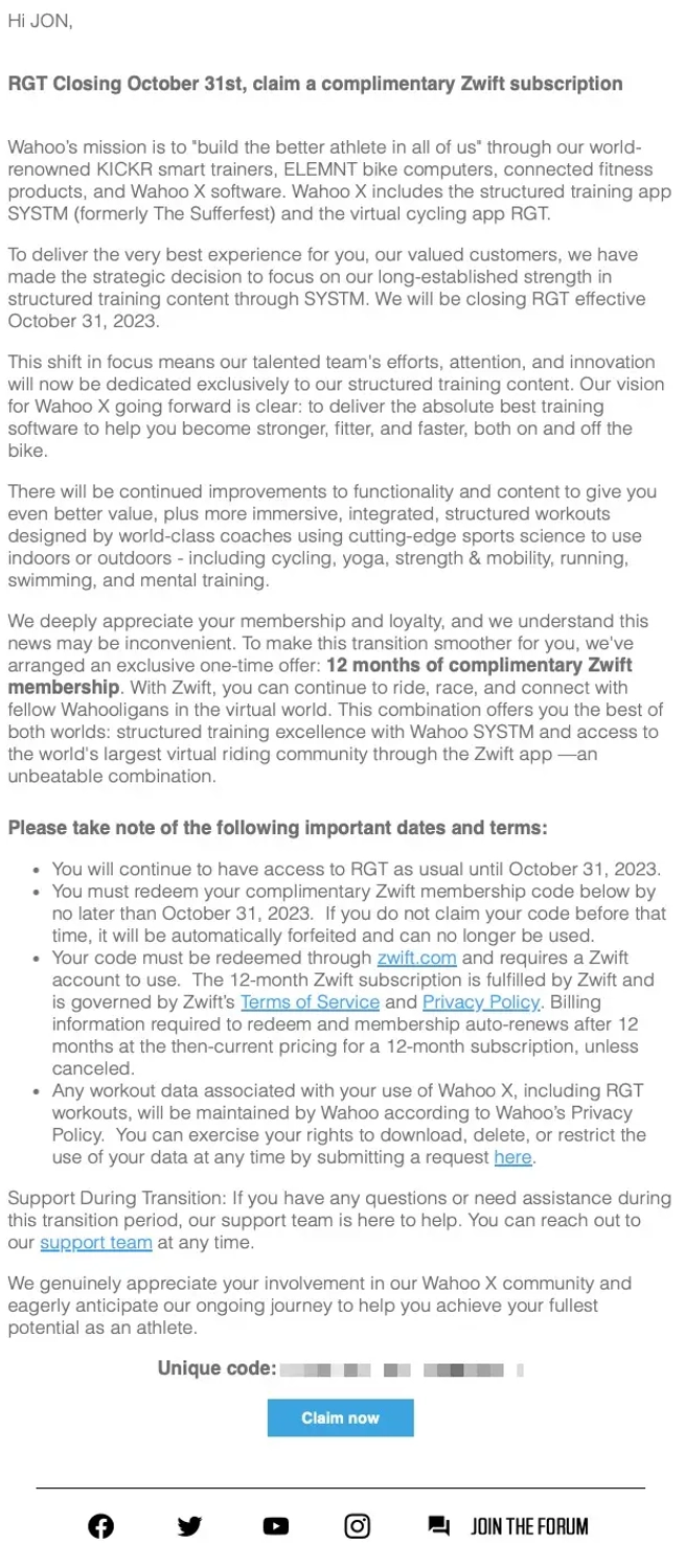 Saas Sunset Emails: Screenshot of Wahoo RGT’s product sunset email