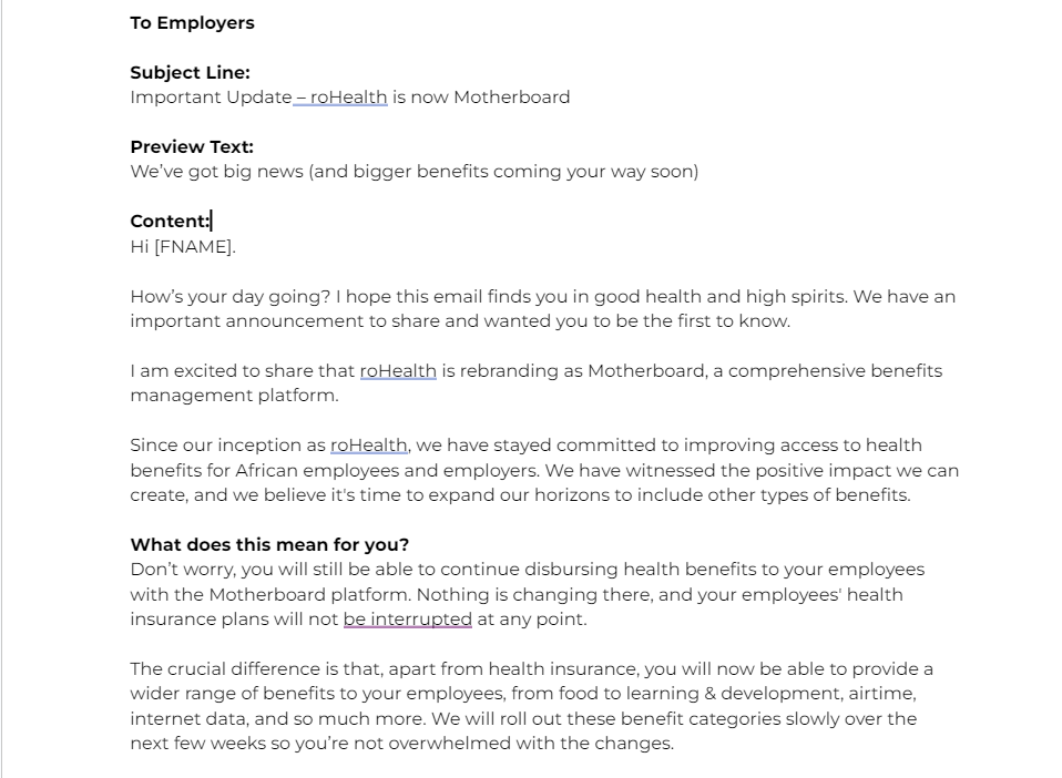 SaaS Rebranding Announcement Emails: Screenshot of roHealth's email announcing its renaming to Motherboard