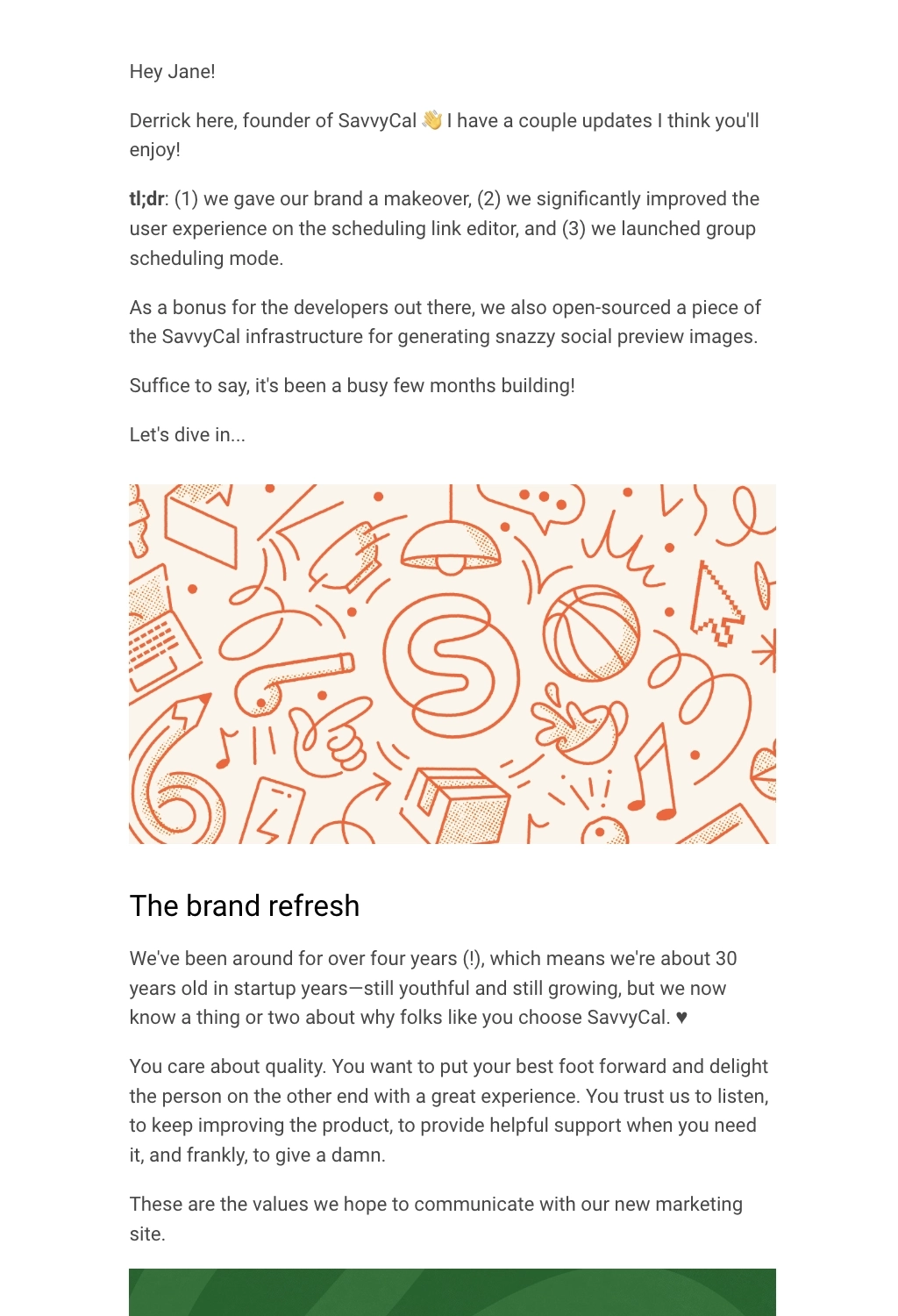 SaaS Rebranding Announcement Emails: Screenshot of Savvycal's newsletter announcing their rebrand