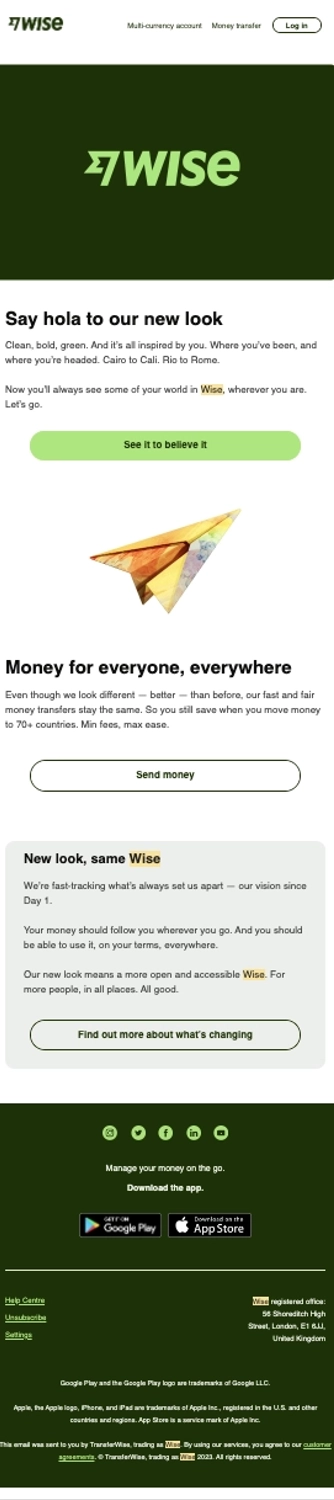 SaaS Rebranding Announcement Emails: Screenshot of Wise's email announcing their new brand colors