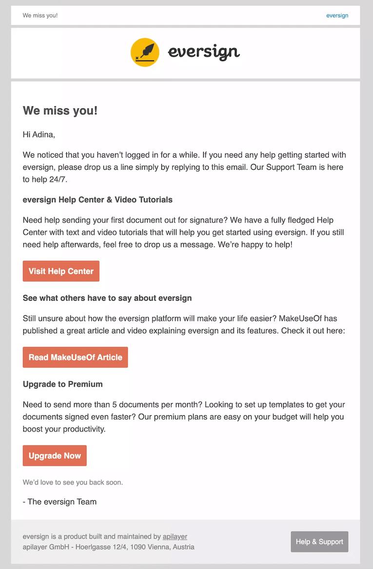 SaaS Re-engagement Emails: Screenshot of Eversign's email