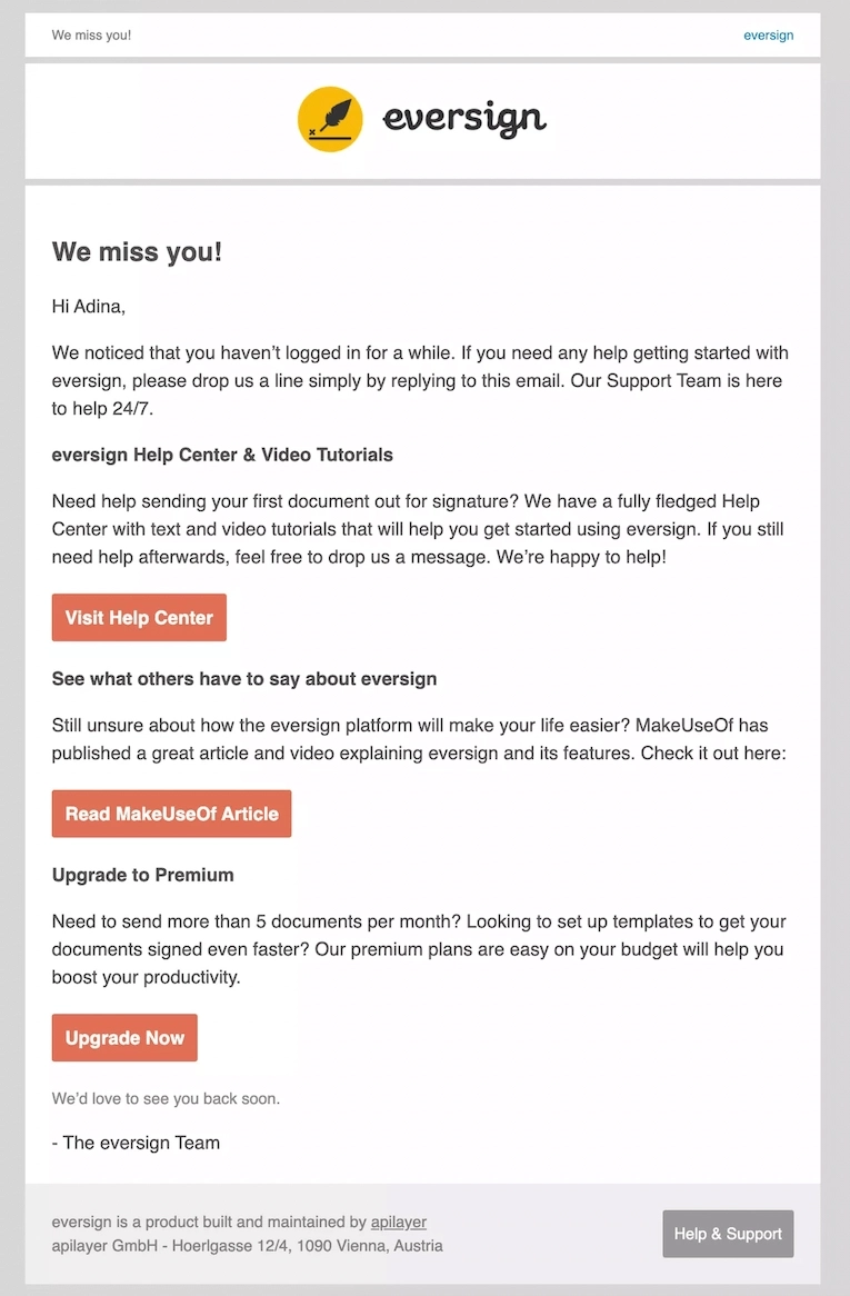 SaaS Re-engagement Emails: Screenshot of Eversign's email