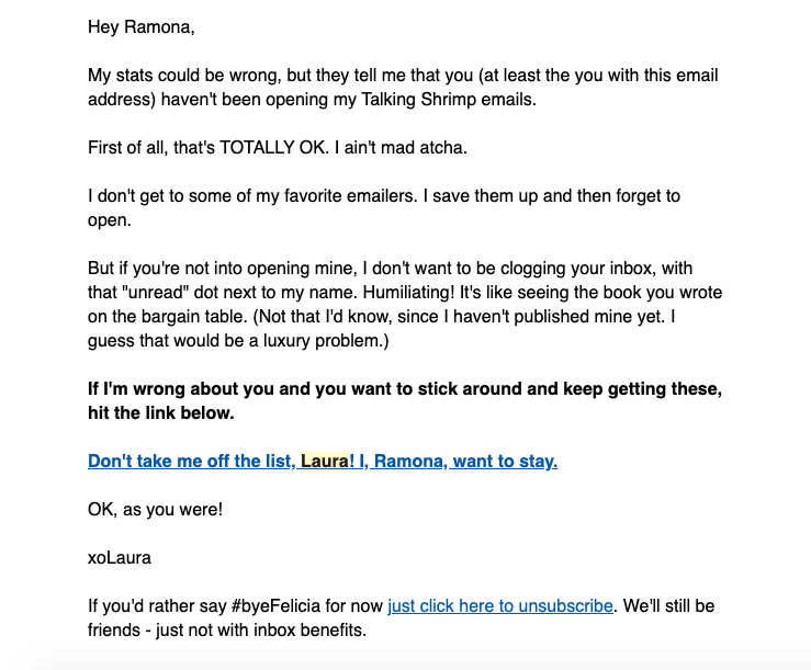 SaaS Re-engagement Emails: Screenshot of Talking Shrimp's email