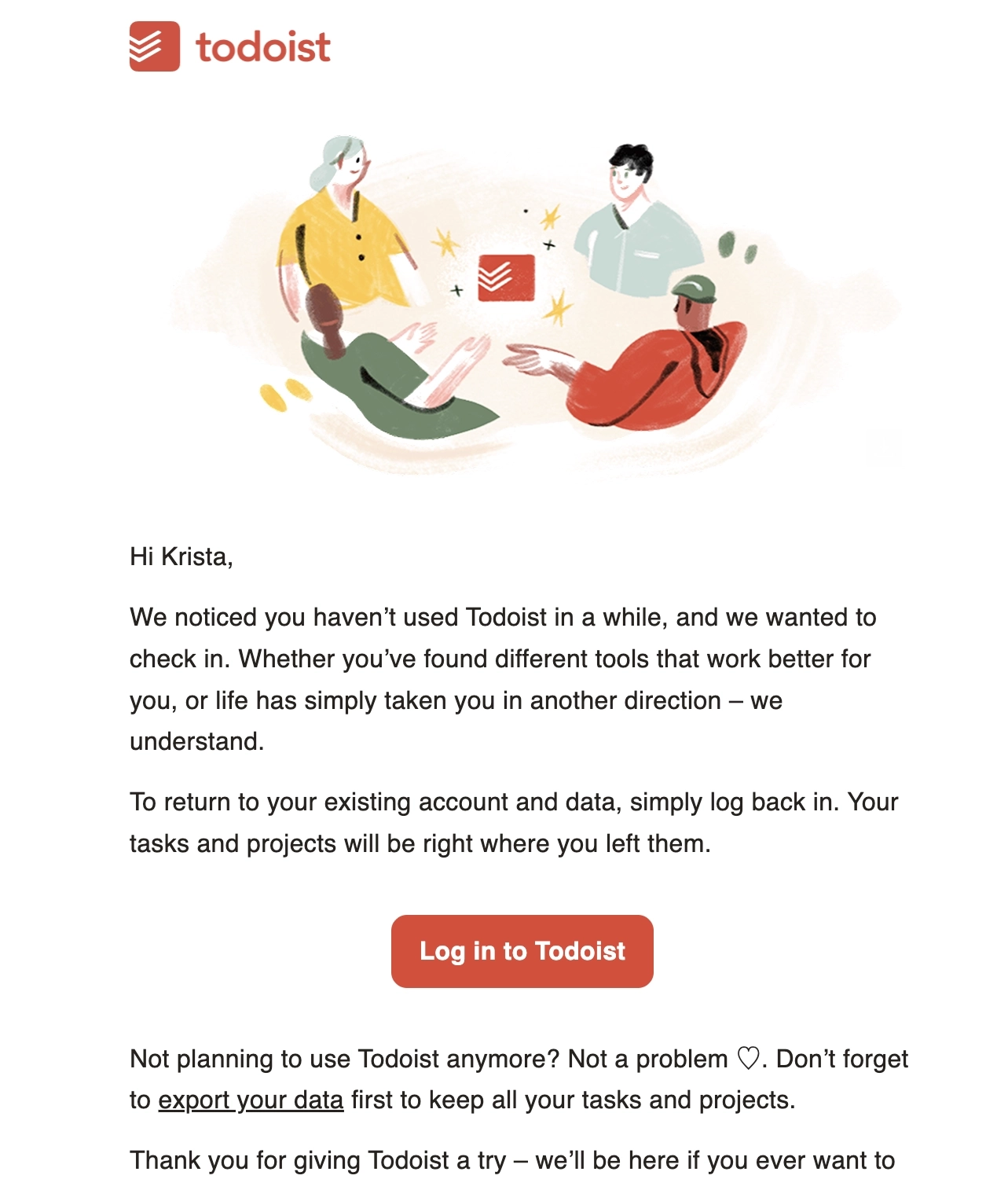 SaaS Re-engagement Emails: Screenshot of Todoist's email
