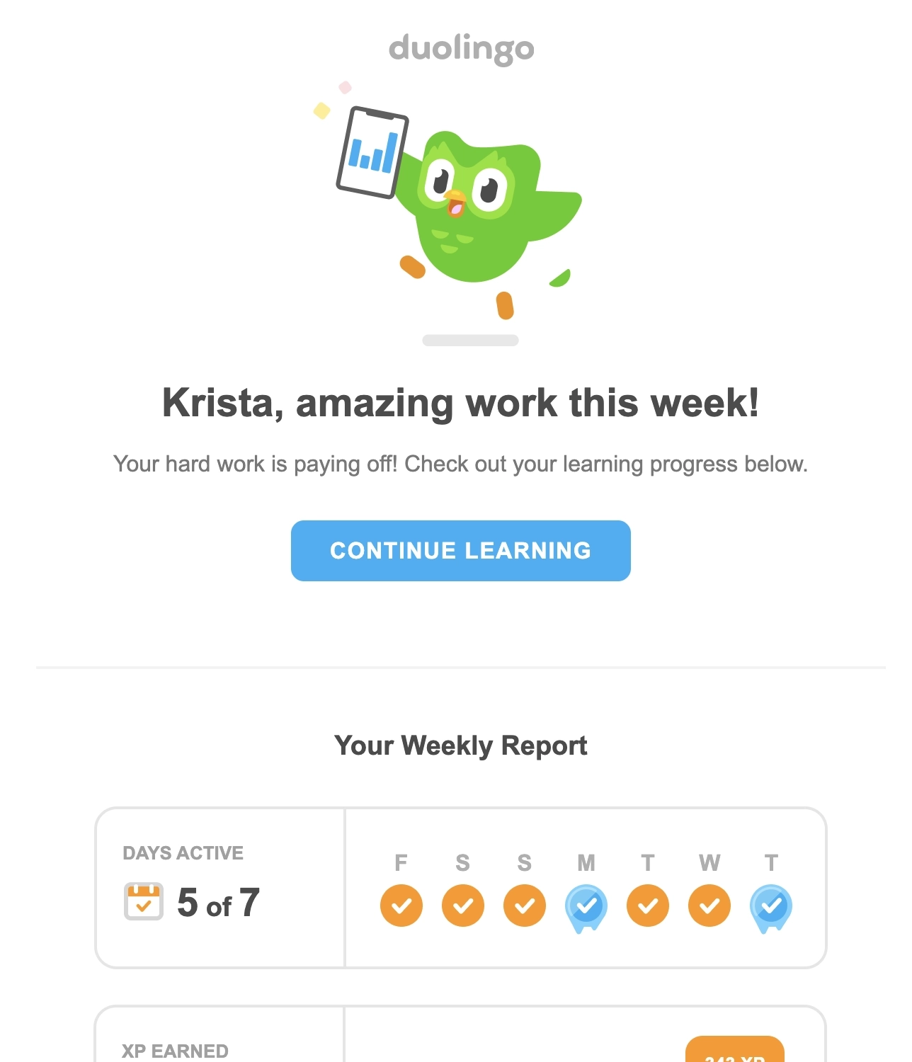 SaaS Report Emails: Screenshot of Duolingo's report email