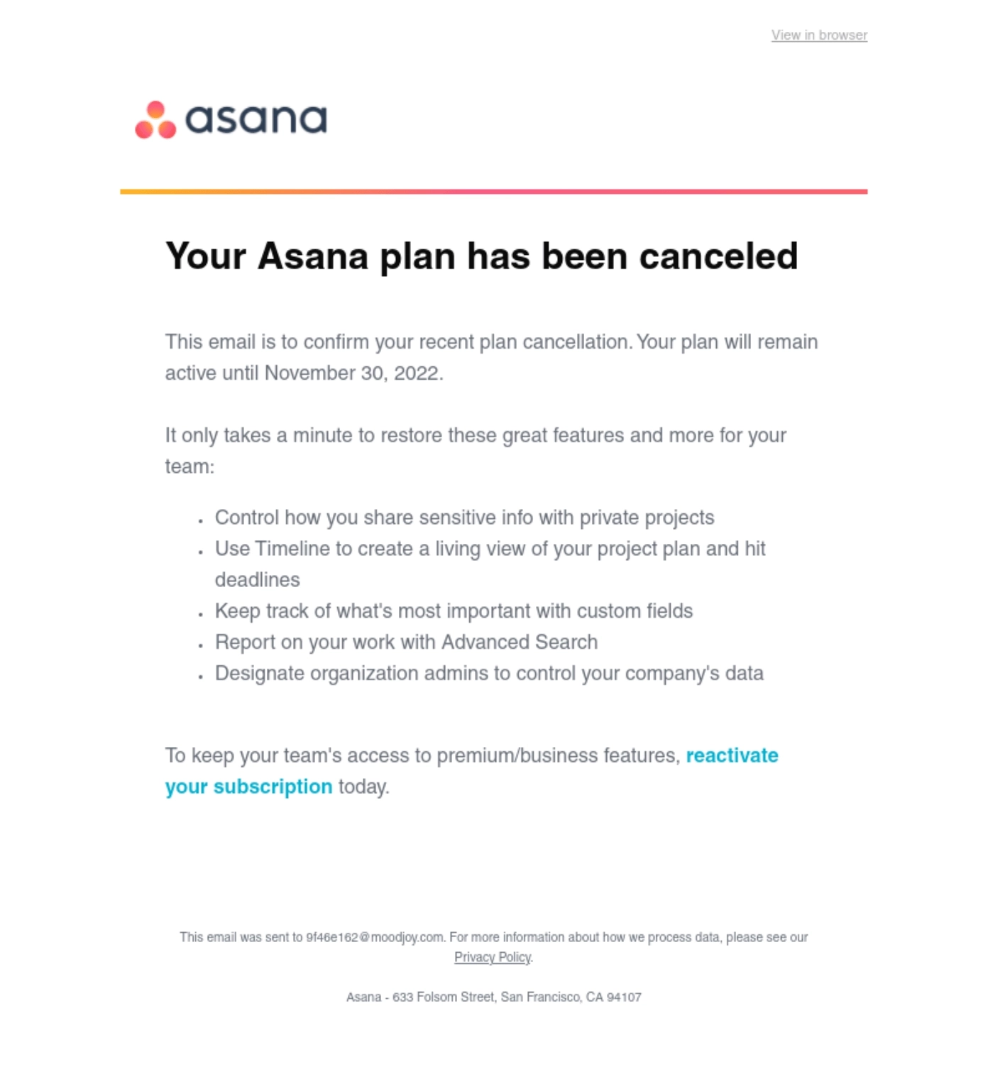 SaaS Cancellation Emails: Screenshot of Asana's cancellation email