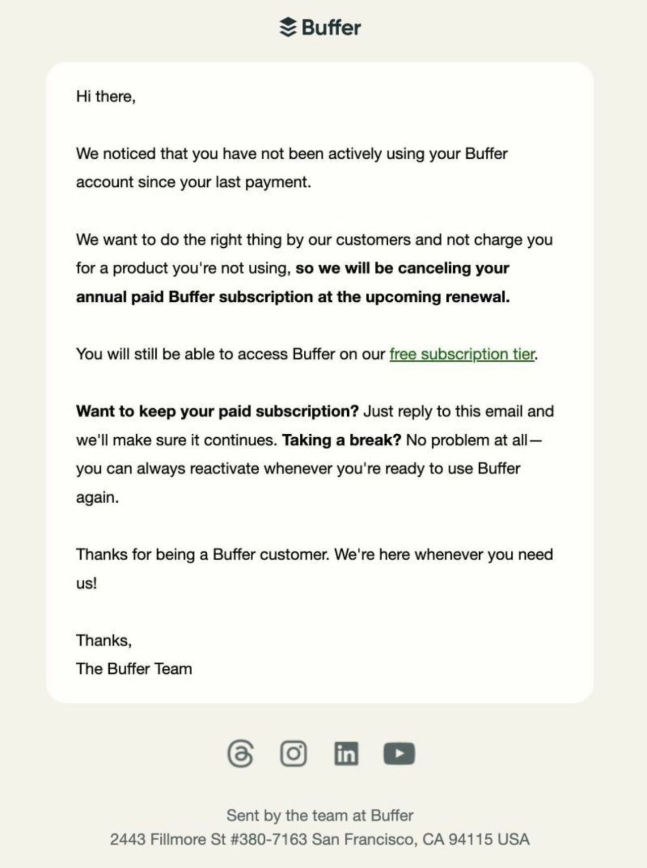 SaaS Cancellation Emails: Screenshot of Cursor's cancellation email