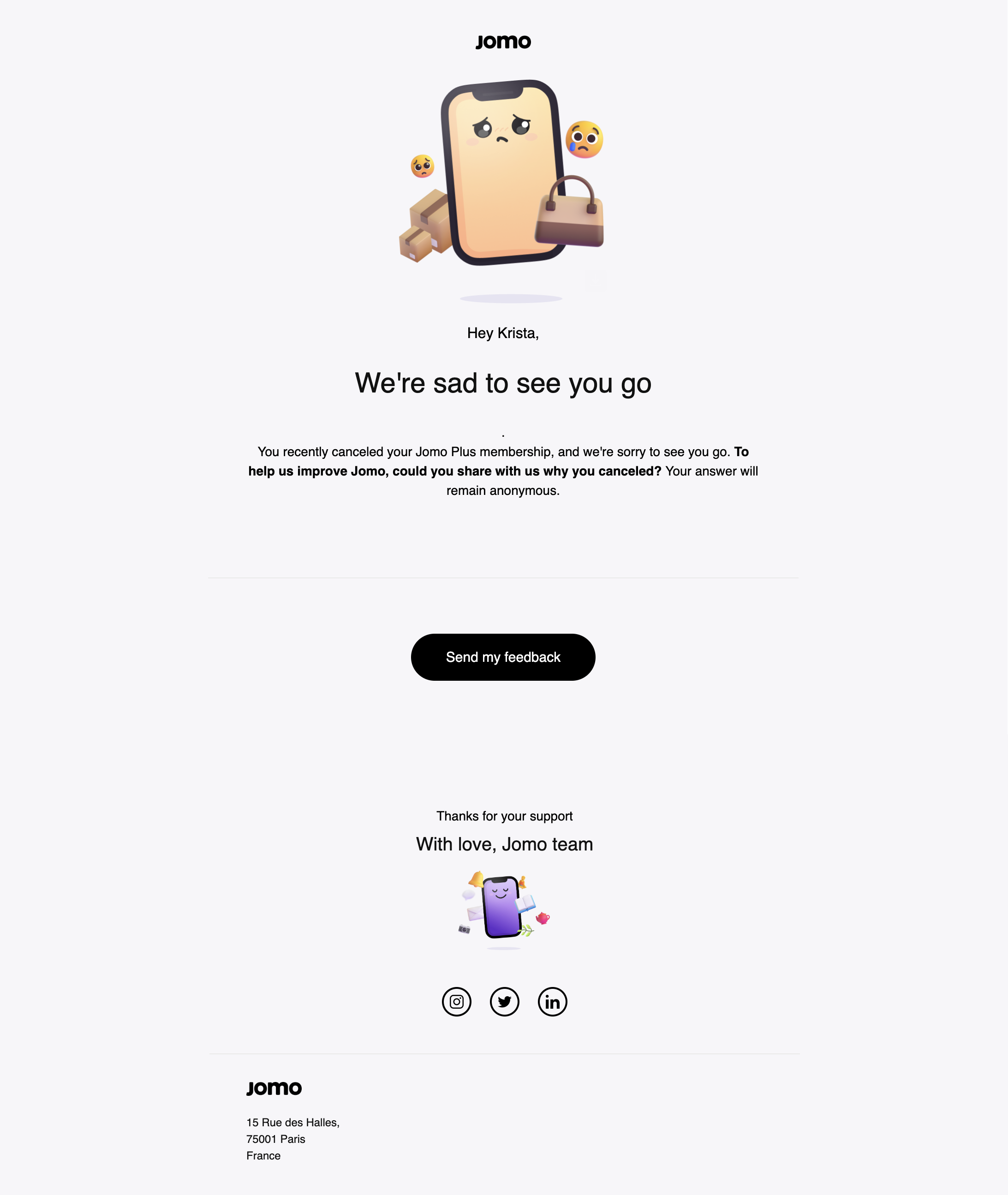 SaaS Cancellation Emails: Screenshot of Jomo's cancellation email