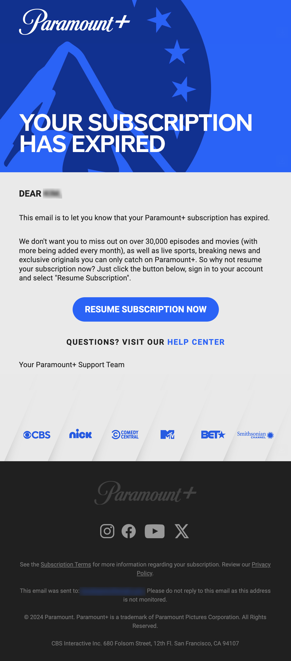 SaaS Cancellation Emails: Screenshot of Paramount's cancellation email