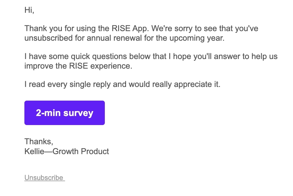SaaS Cancellation Emails: Screenshot of Rise's cancellation email