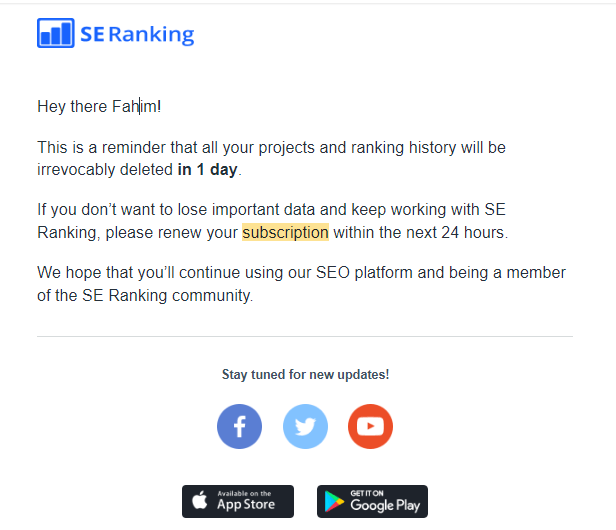 SaaS Cancellation Emails: Screenshot of SE Ranking's cancellation email