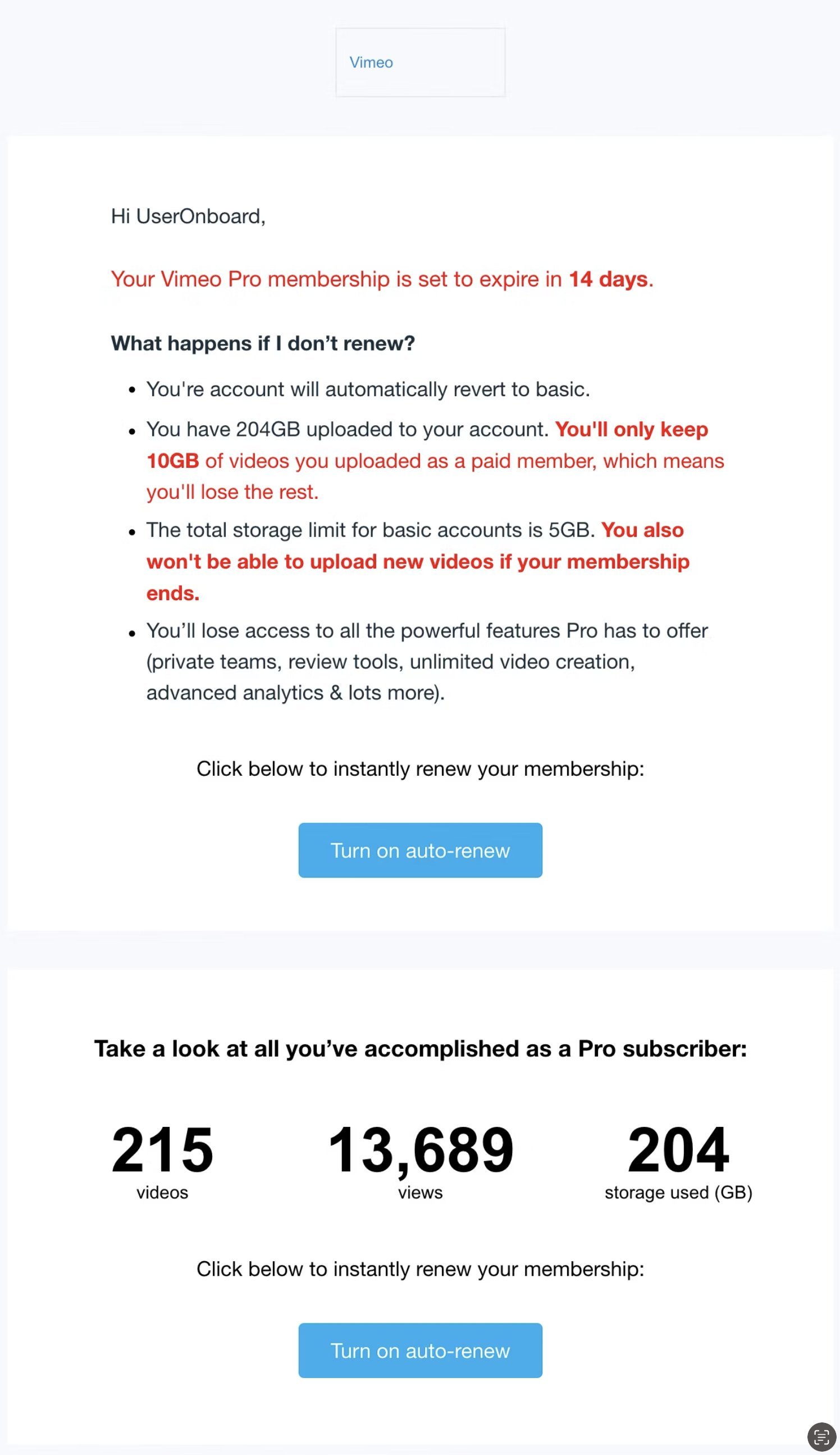 SaaS Cancellation Emails: Screenshot of Vimeo's cancellation email