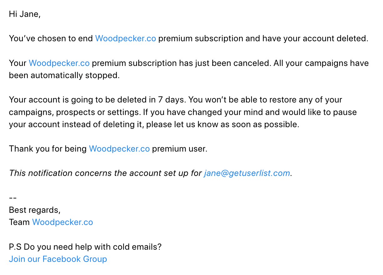 SaaS Cancellation Emails: Screenshot of Woodpecker's cancellation email