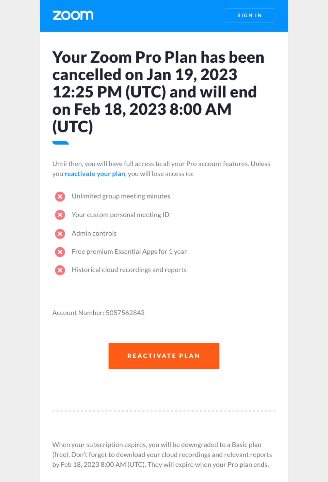 SaaS Cancellation Emails: Screenshot of Zoom's cancellation email