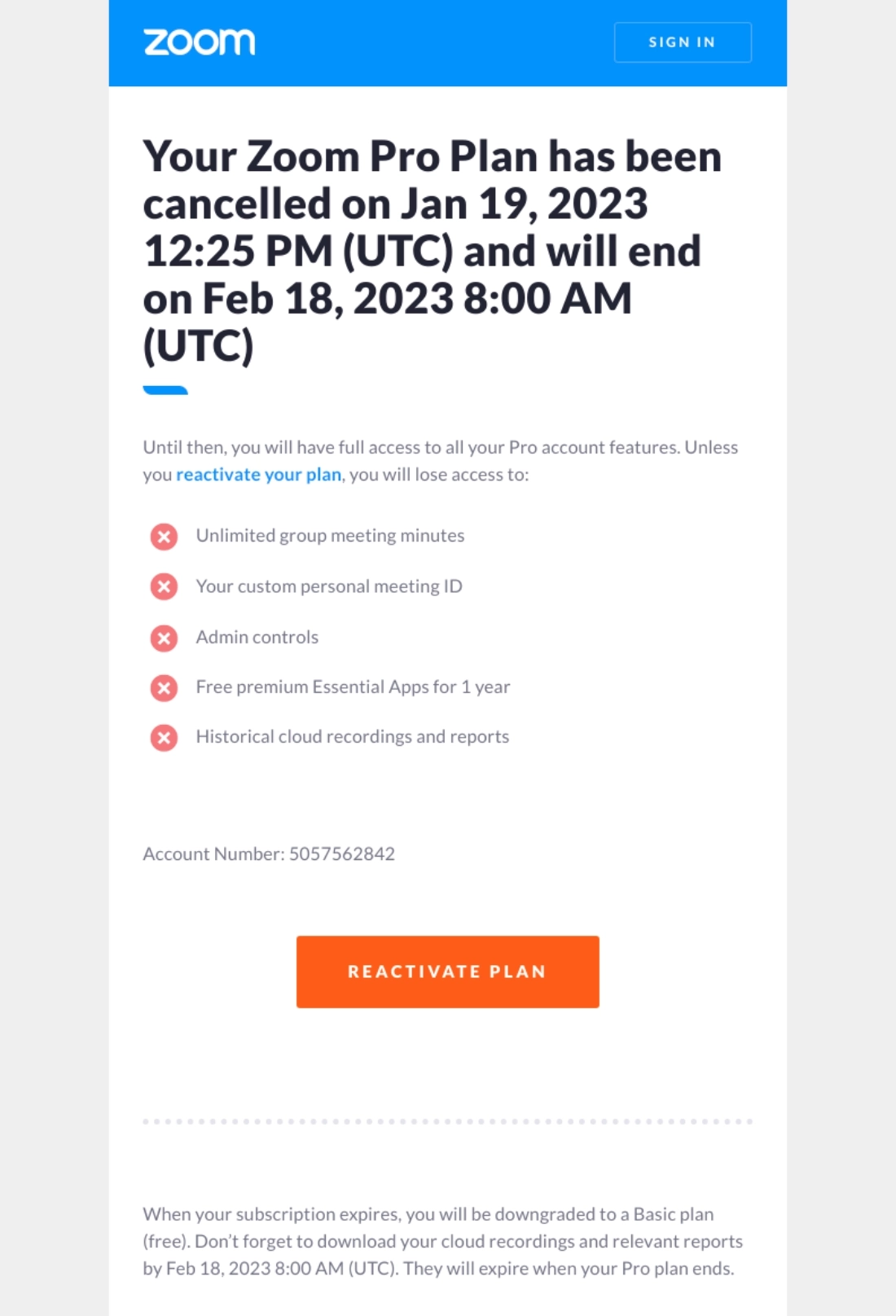 SaaS Cancellation Emails: Screenshot of Zoom's cancellation email