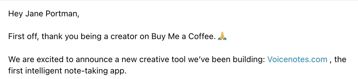 SaaS Email Greetings and Salutations: Intro portion of Buy Me a Coffee’s product launch email
