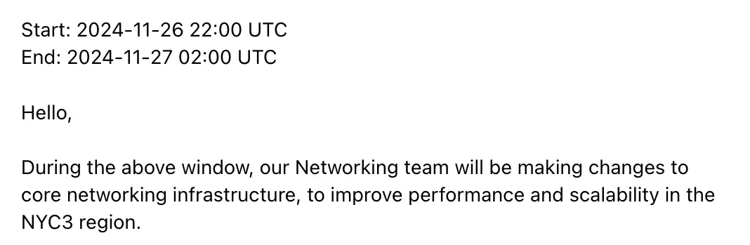 SaaS Email Greetings and Salutations: Intro portion of DigitalOcean’s scheduled maintenance email
