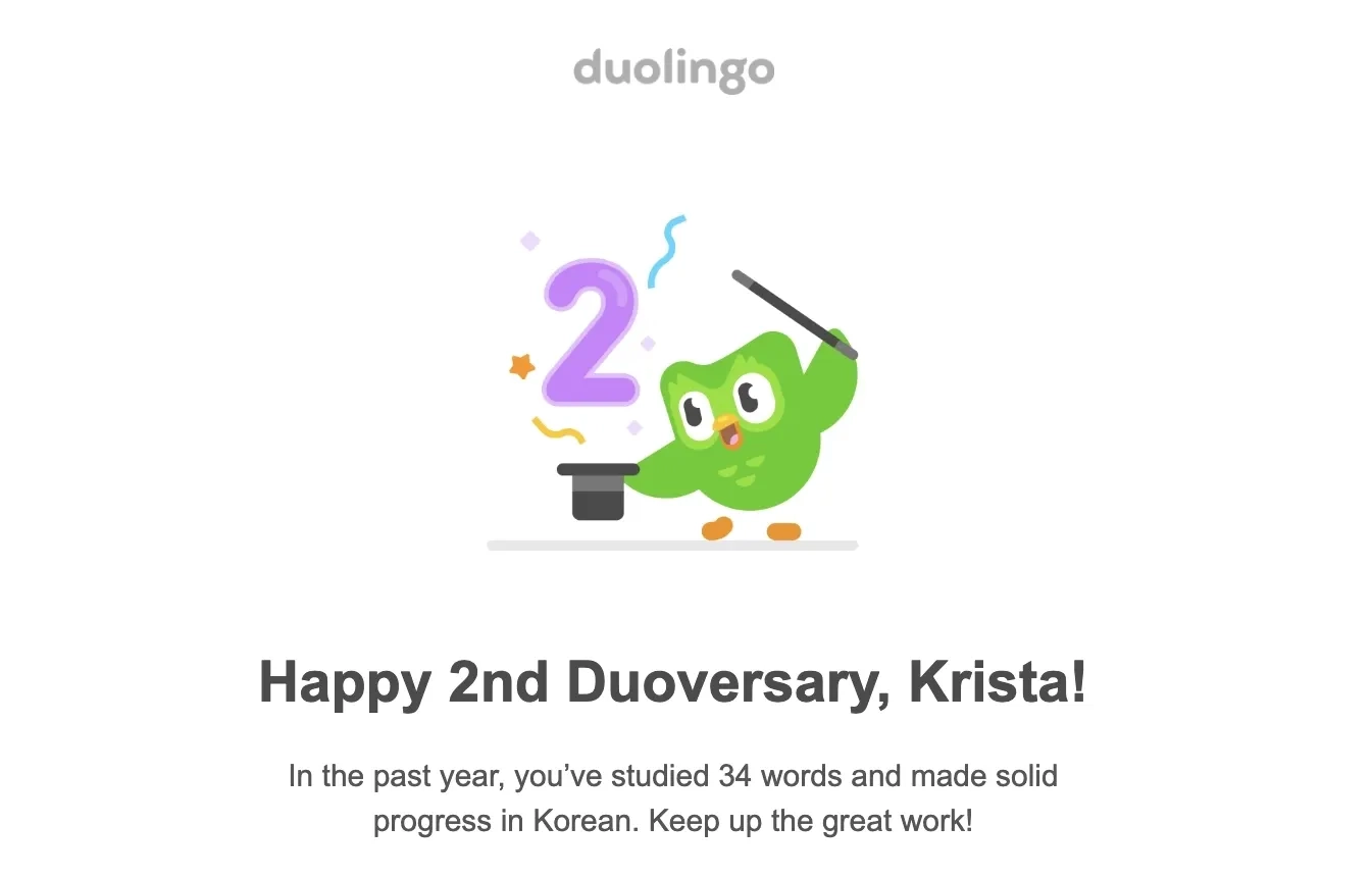 SaaS Email Greetings and Salutations: Intro portion of Duolingo’s anniversary email
