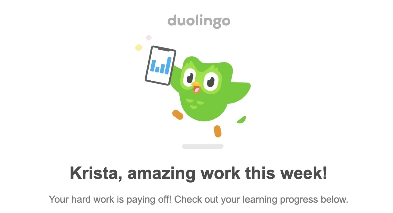 SaaS Email Greetings and Salutations: Intro portion of Duolingo’s report email
