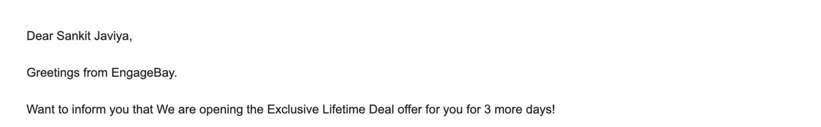 SaaS Email Greetings and Salutations: Intro portion of EngageBay’s promo email

