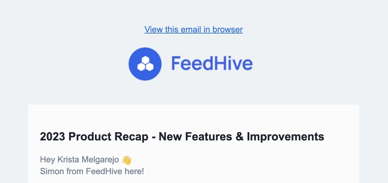 SaaS Email Greetings and Salutations: Intro portion of FeedHive’s year-in-review email
