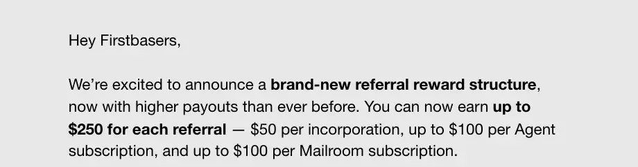 SaaS Email Greetings and Salutations: Intro portion of Firstbase’s referral email
