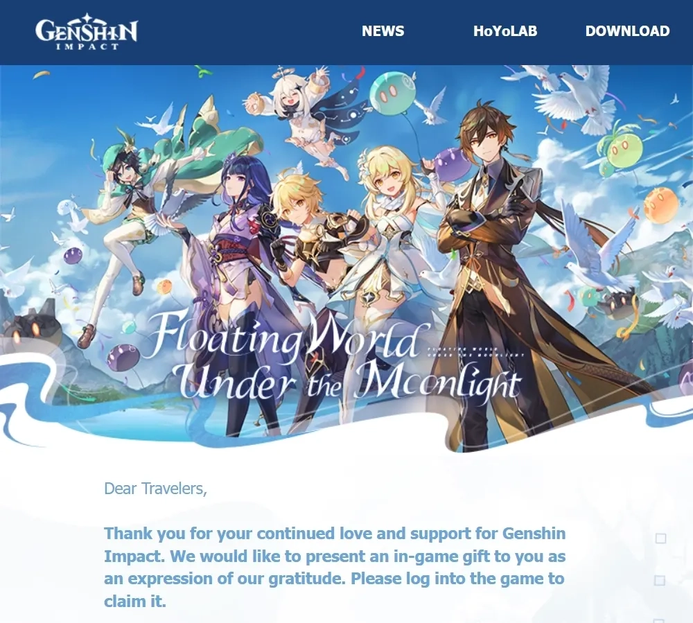 SaaS Email Greetings and Salutations: Intro portion of Genshin Impact’s milestone email
