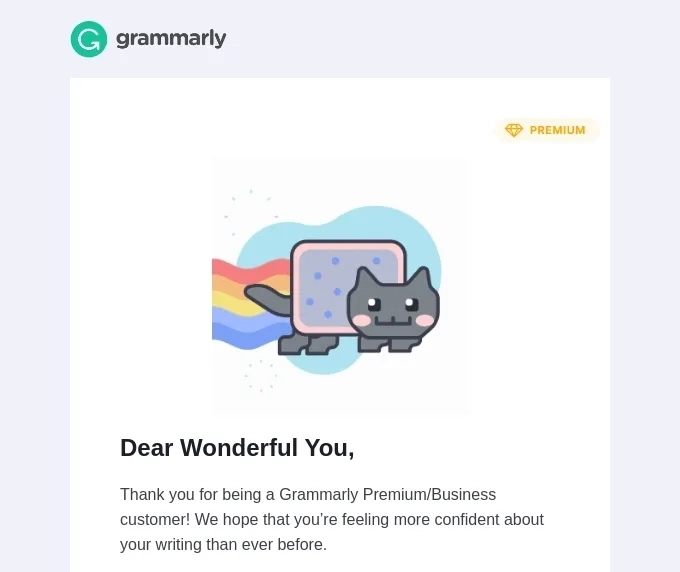 SaaS Email Greetings and Salutations: Intro portion of Grammarly’s renewal email
