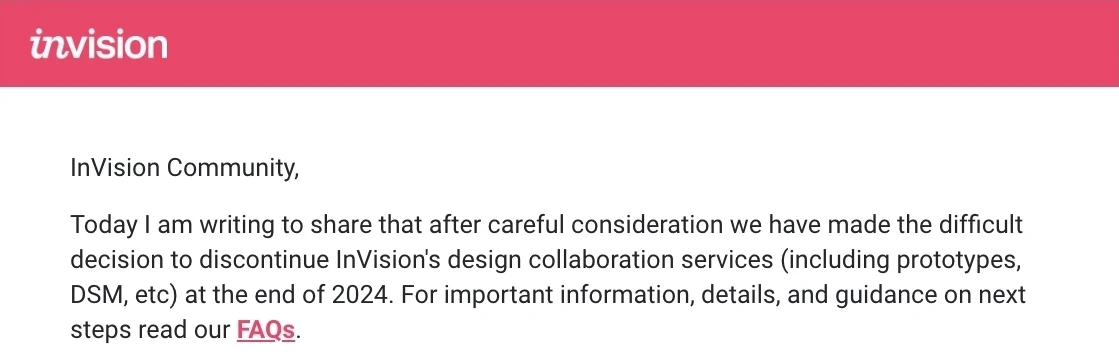 SaaS Email Greetings and Salutations: Intro portion of InVision’s sunset email
