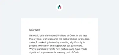 SaaS Email Greetings and Salutations: Intro portion of Qwilr’s pricing update email
